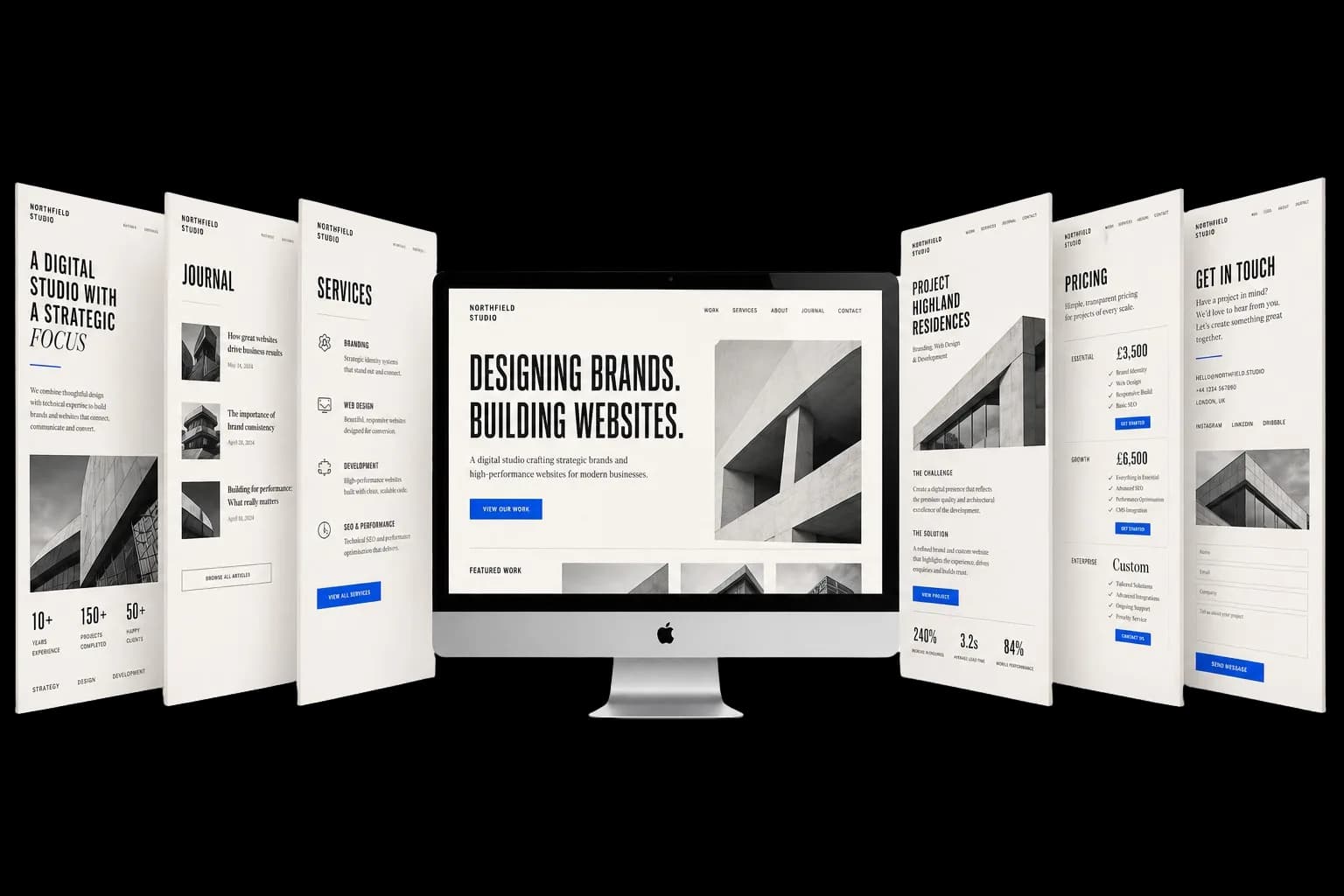 1 Week Sites bespoke website studio mockups — six editorial Next.js website designs fanned around a central iMac, shown in cobalt and ink on off-white
