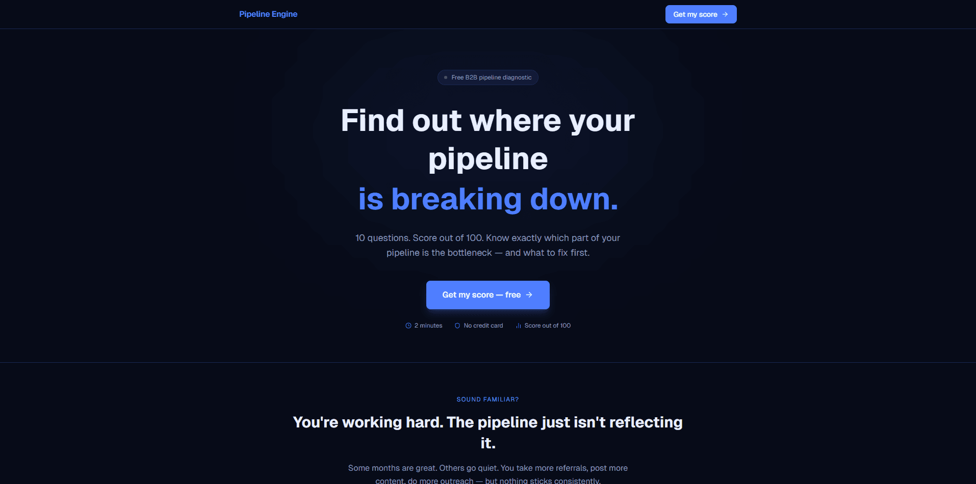 Bottleneck Audit — a free B2B pipeline diagnostic quiz, dark landing page with blue accent