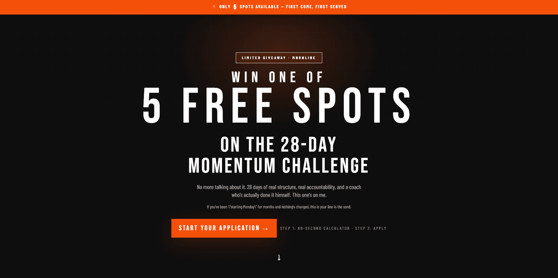 MN Online Coach 28-day Momentum Challenge giveaway landing page, black with orange accent