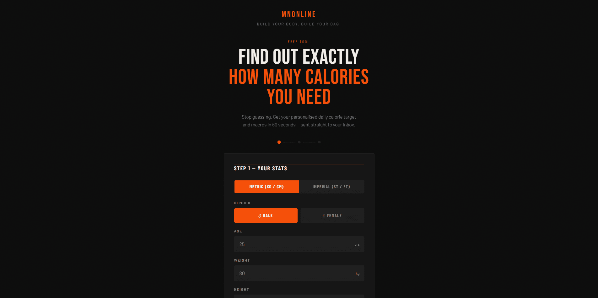 MN Online Coach TDEE calculator — calorie and macro tool with bold orange display type