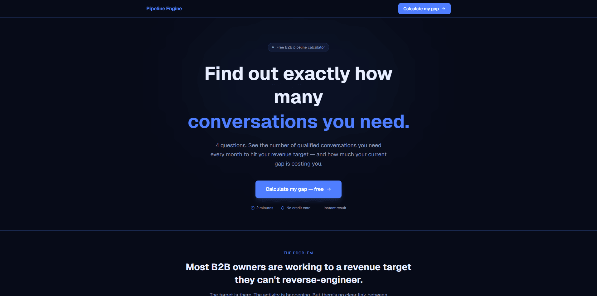 Pipeline Calculator — a free B2B conversations-per-month calculator, dark landing page