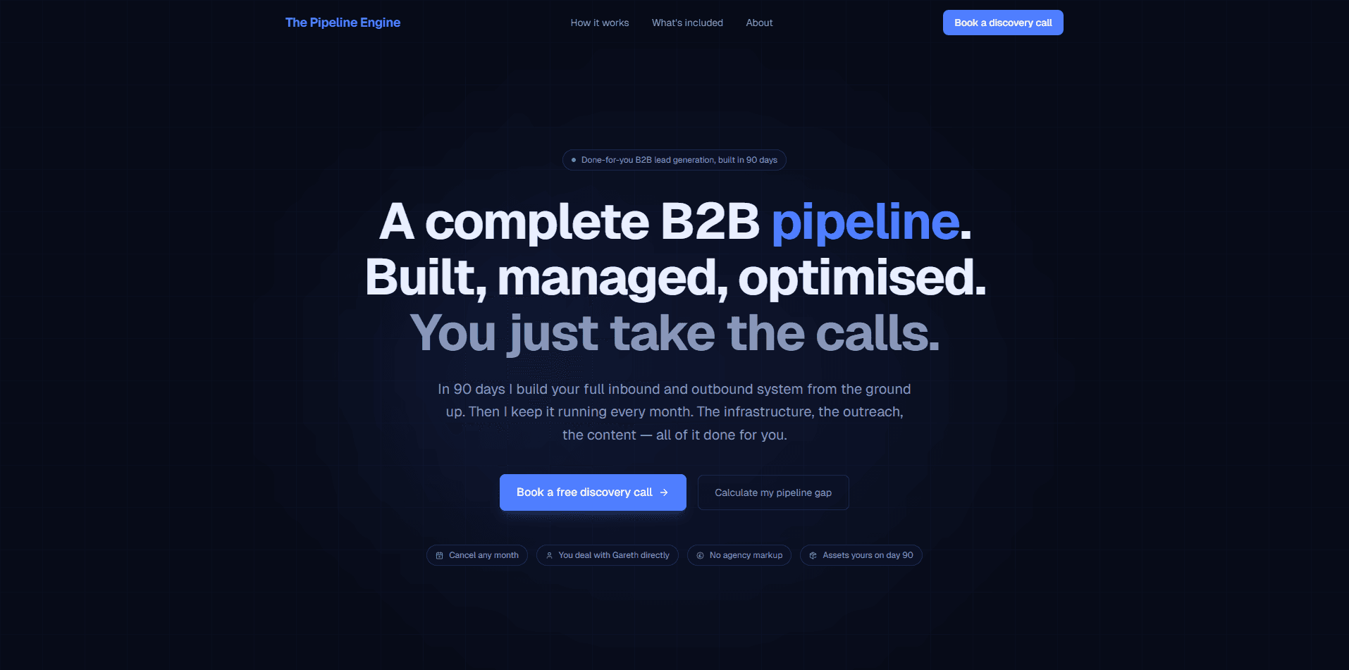 The Pipeline Engine homepage — a complete B2B pipeline service, dark editorial landing page