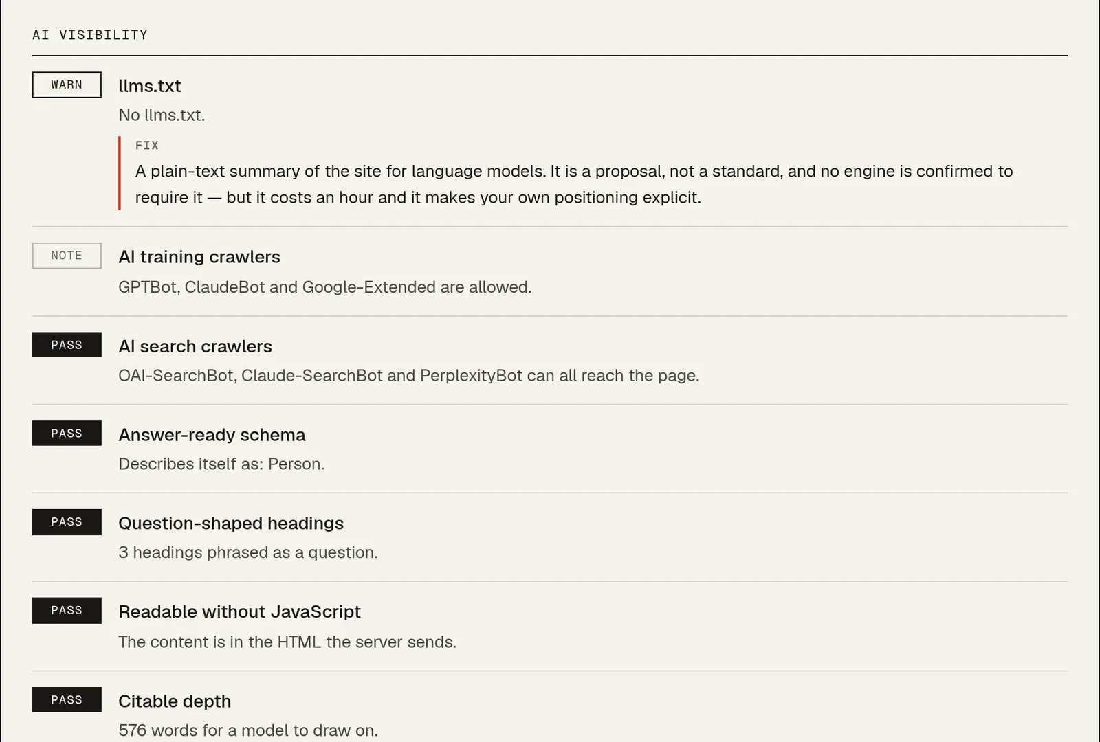 The AI visibility section of the report. AI training crawlers is marked as a note, not a failure, showing GPTBot, ClaudeBot and Google-Extended are allowed. AI search crawlers passes separately, showing OAI-SearchBot, Claude-SearchBot and PerplexityBot can reach the page.