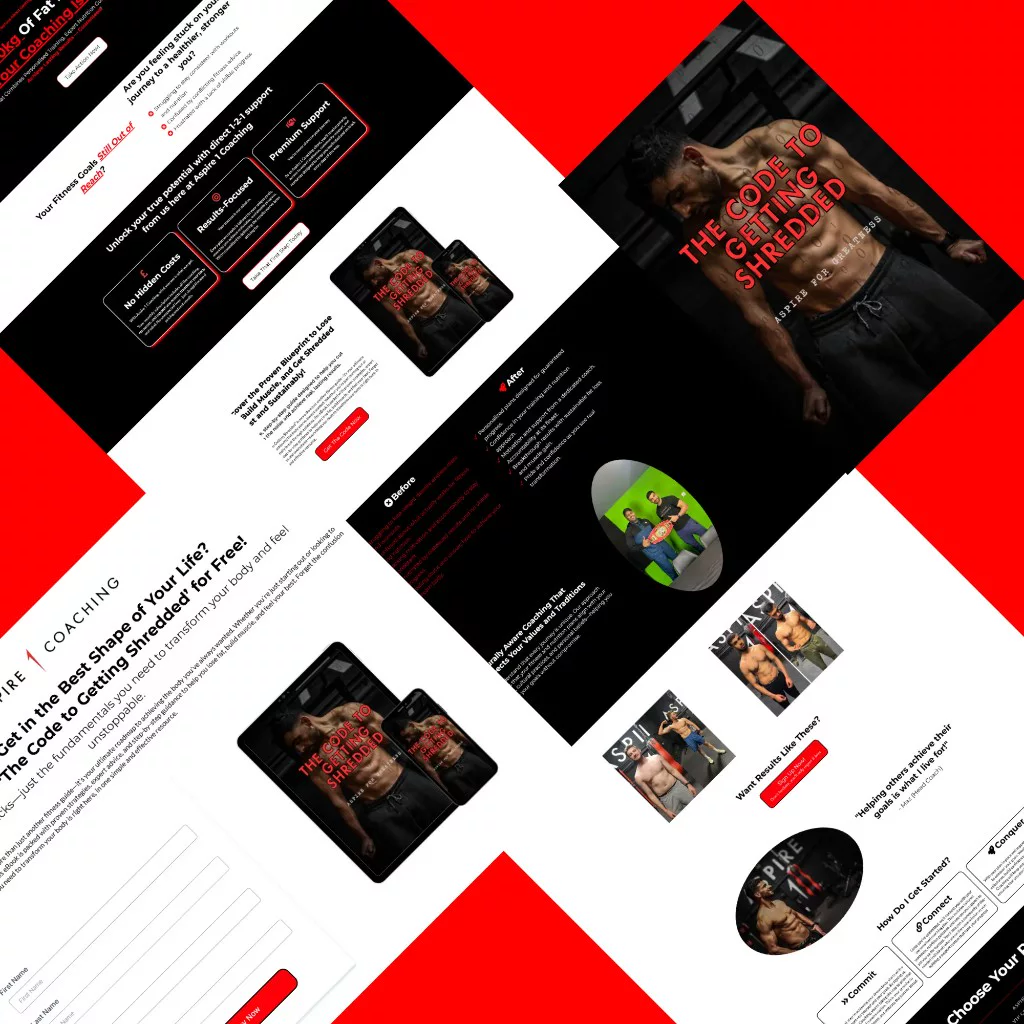 The Aspire 1 Coaching landing page and the ebook it offers, The Code to Getting Shredded, laid out as a collage on red and black