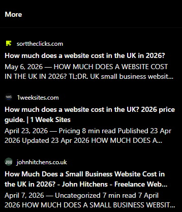 ChatGPT's sources panel listing 1weeksites.com's guide, How much does a website cost in the UK? 2026 price guide, dated 23 April 2026, between sorttheclicks.com and johnhitchens.co.uk