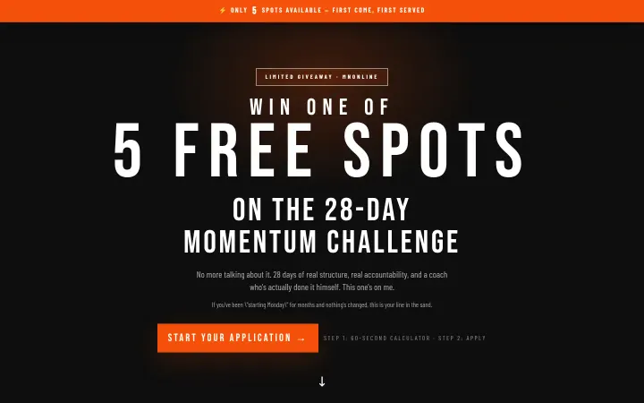 MN Online Coach 28-day Momentum Challenge giveaway landing page, black with orange accent