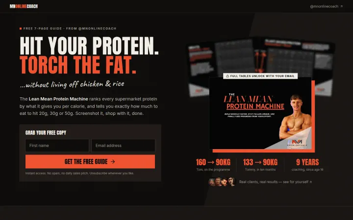 The Lean Mean Protein Machine landing page, a free protein cheat sheet with an email form