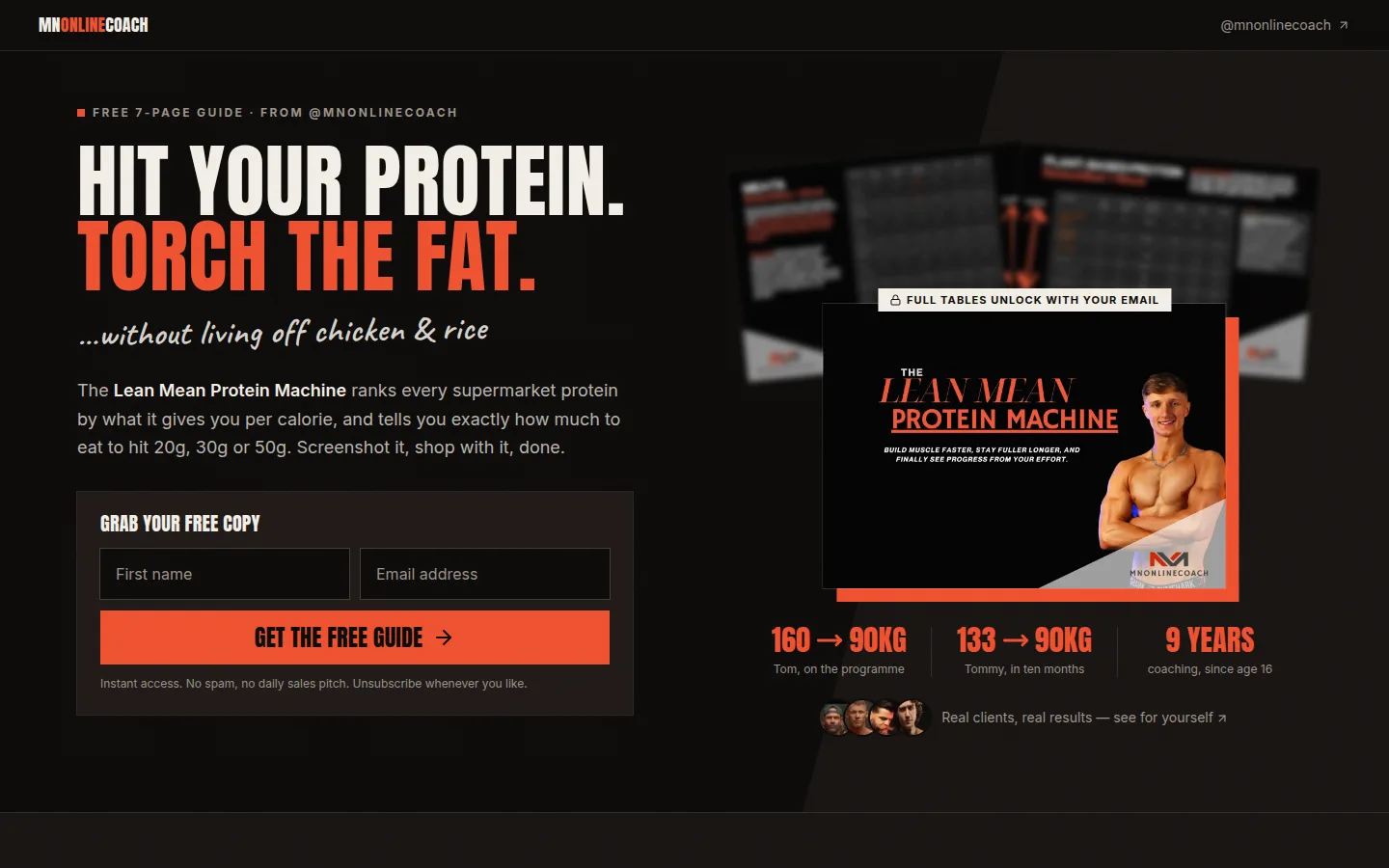 The Lean Mean Protein Machine landing page with the guide preview and a two-field email form