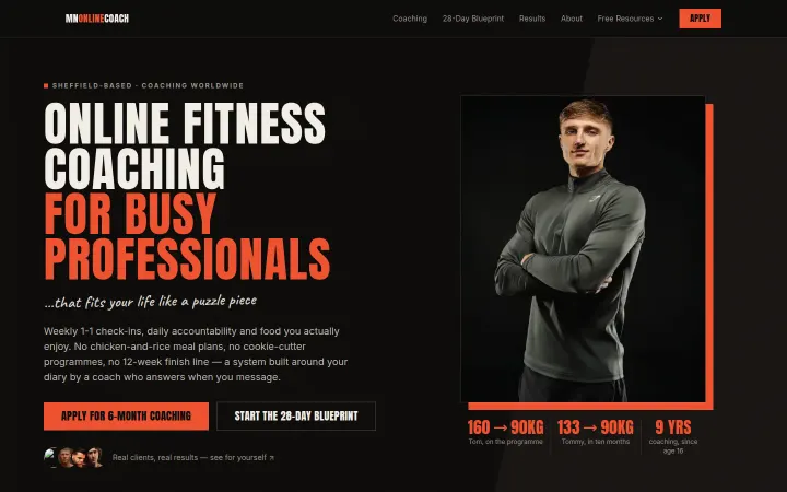 MN Online Coach homepage, online fitness coaching for busy professionals, dark site with orange accents