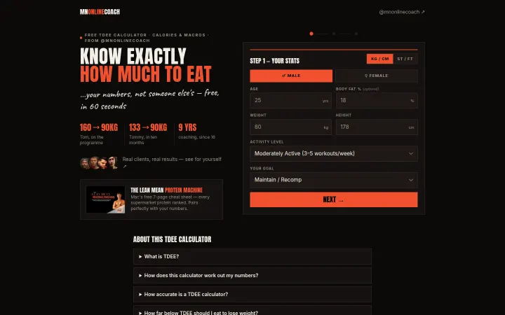 MN Online Coach TDEE calculator, calorie and macro tool with bold orange display type