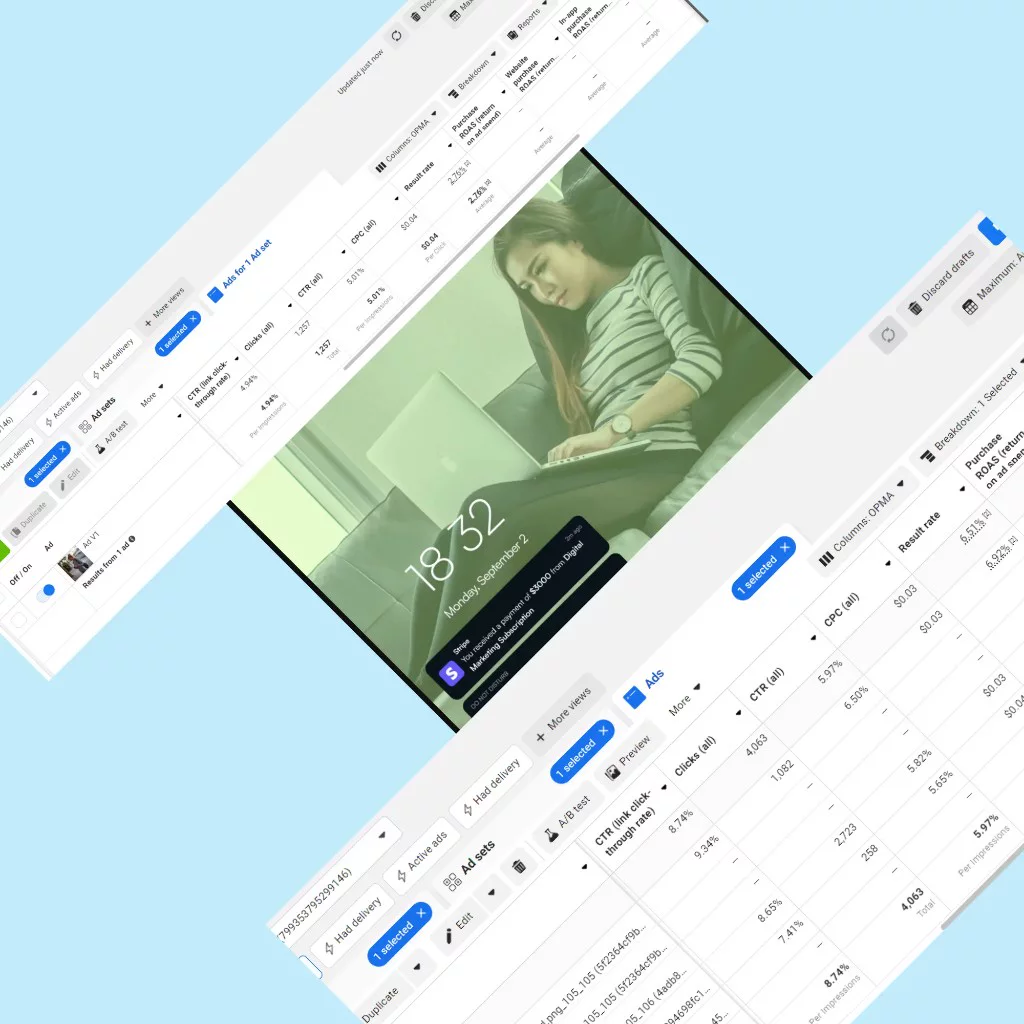 The rebuilt ad creative, a woman working on a laptop with a payment notification on her phone, shown beside the Meta Ads Manager tables with the before-and-after figures