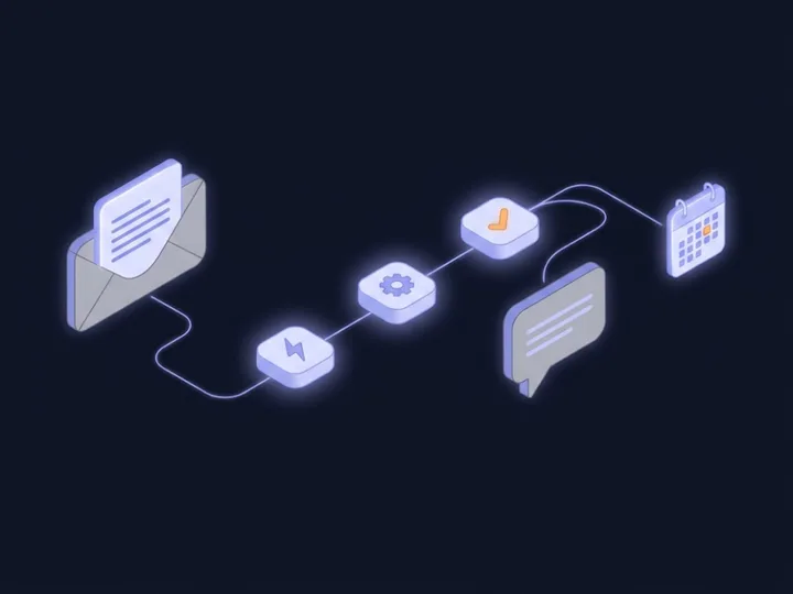 Illustration: an enquiry email passes through three automation steps and arrives as a reply and a booked calendar slot