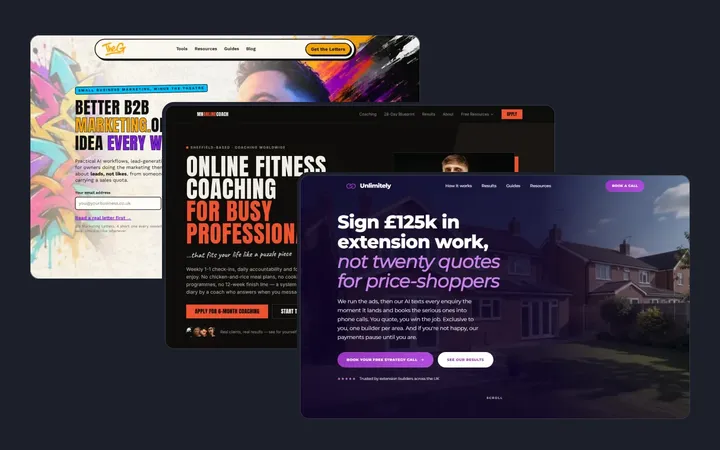 Three sites I built, three different looks: The Marketing G, MN Online Coach and Unlimitely