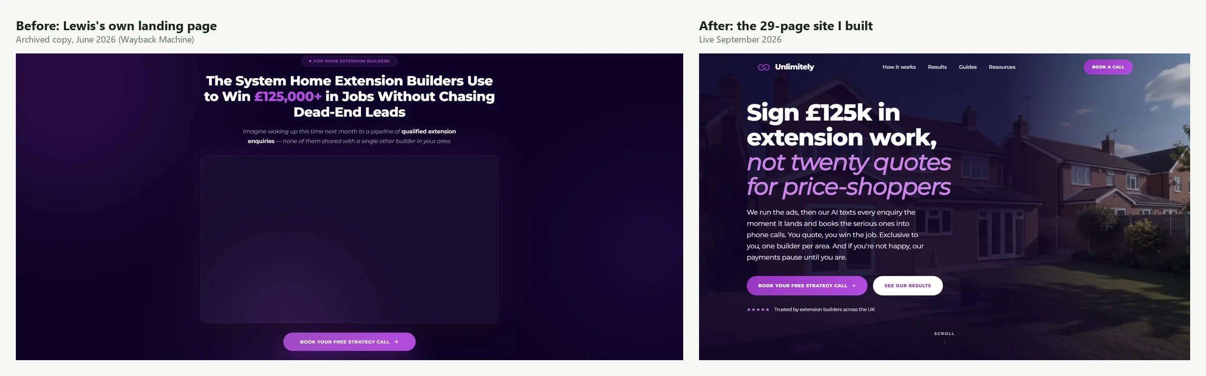 Before and after of Unlimitely: the original single landing page for home extension builders beside the finished 29-page website.