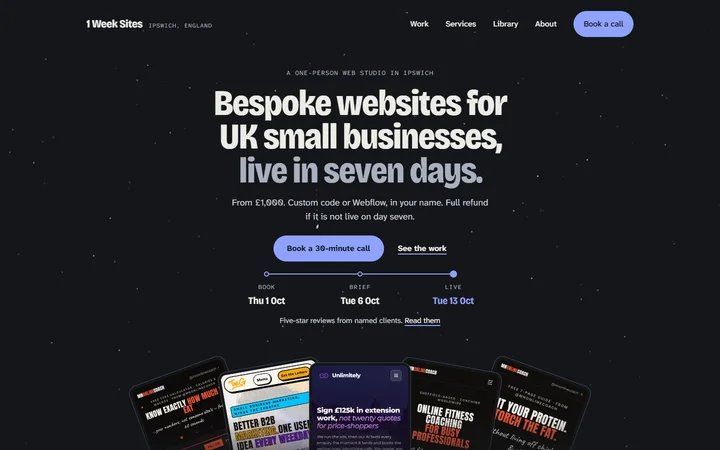 The 1 Week Sites homepage: Bespoke websites for UK small businesses, live in seven days, from £1,000, above a fan of client sites