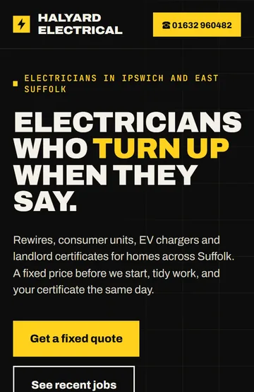 Concept homepage for an electrician on a phone: Electricians who turn up when they say