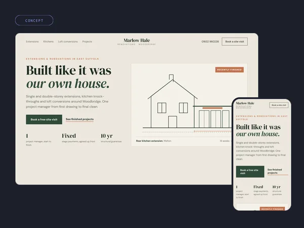 Concept homepage for a renovation firm, Marlow Hale: Built like it was our own house, with a line drawing of a finished rear extension, on desktop and phone
