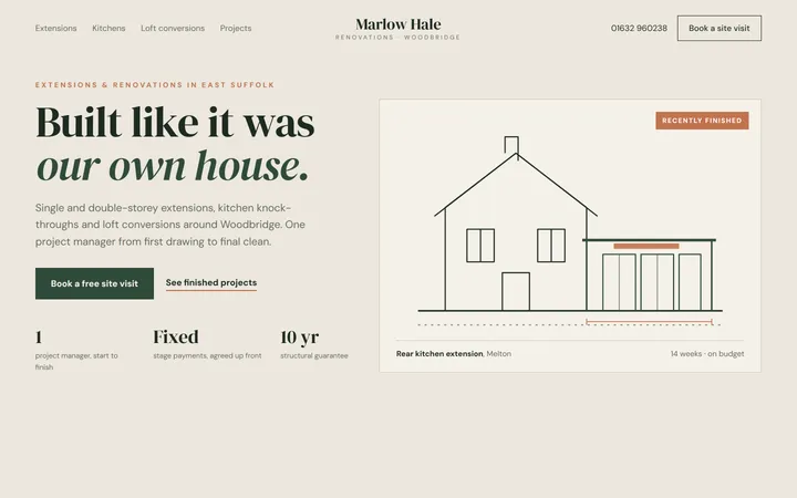 Concept homepage for a home renovation firm, Marlow Hale: Built like it was our own house, with a finished rear extension