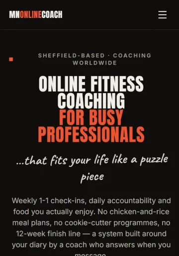 The MN Online Coach homepage on a phone, a client site I look after