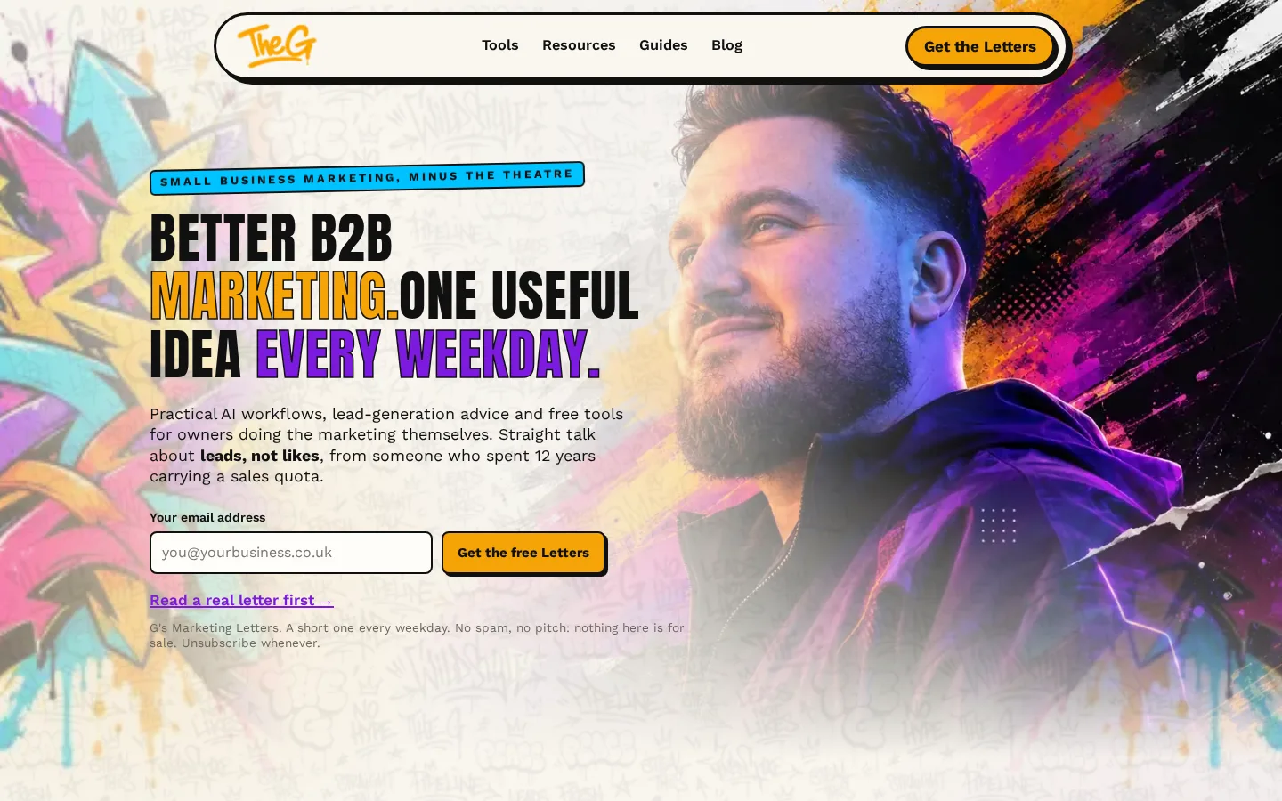 The Marketing G homepage: a portrait over a spray-paint illustration, with the headline Better B2B marketing, one useful idea every weekday