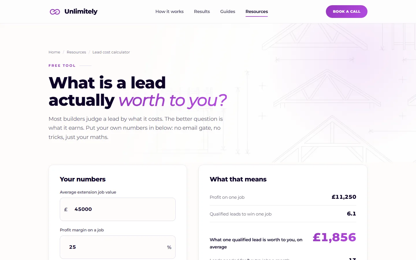 The Unlimitely lead cost calculator: a builder's job value and profit margin on the left, and what one qualified lead is worth to them on the right